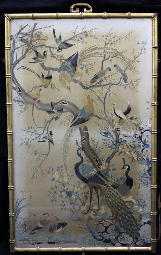 A good Chinese Canton embroidered silk bird panel, late 19th century, 113cm x 74cm, in a gilt faux bamboo frame, discoloured